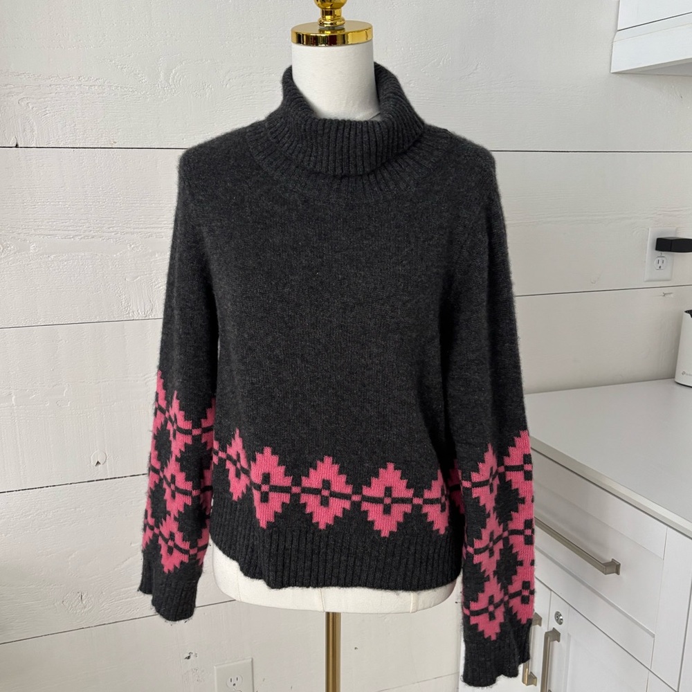 &Isla 100% Cashmere Turtleneck Sweater Small Pink Charcoal Geometric